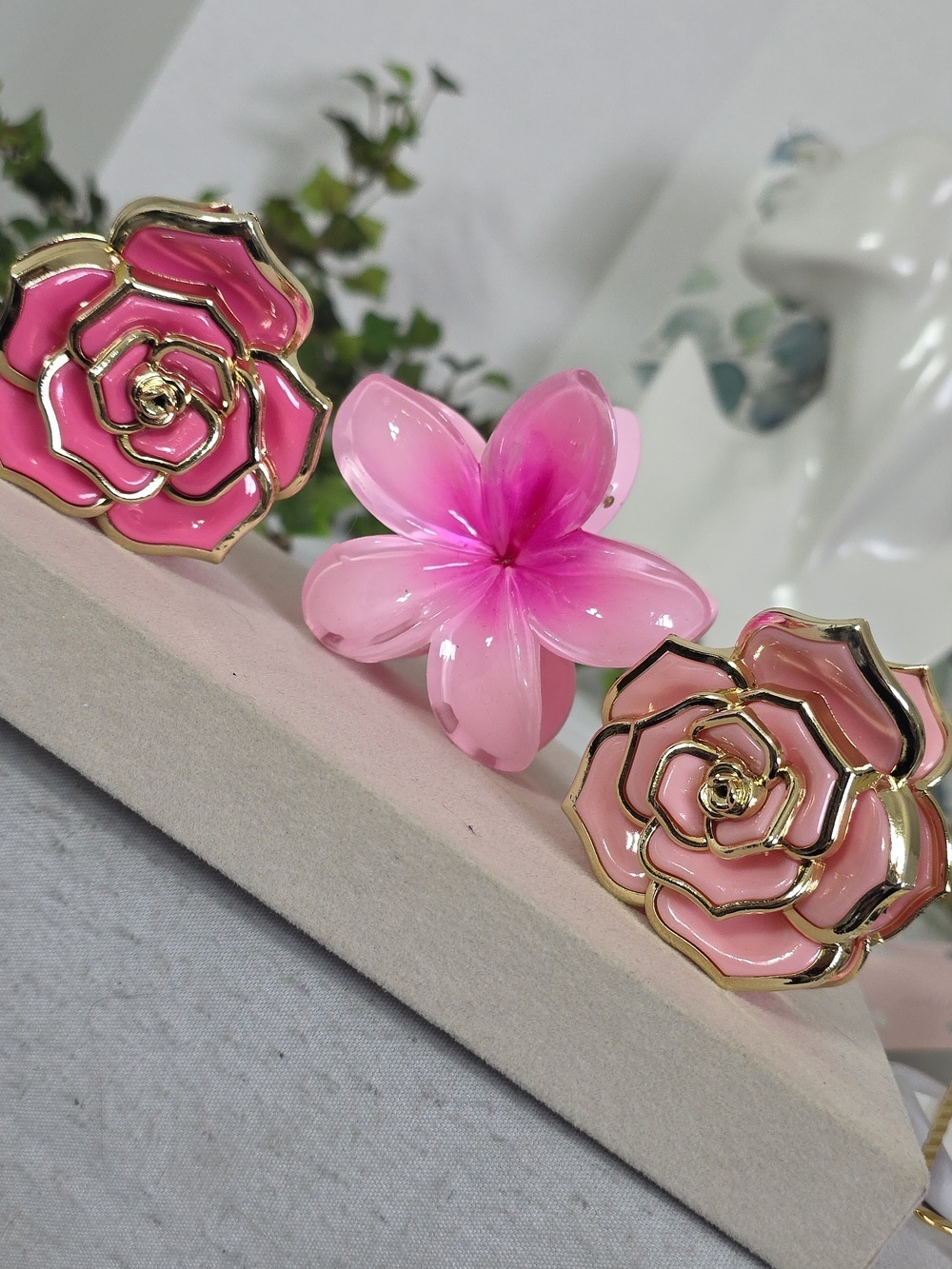 Set of 3  Hair Claw Clip Pink Rose Plumeria Flower New